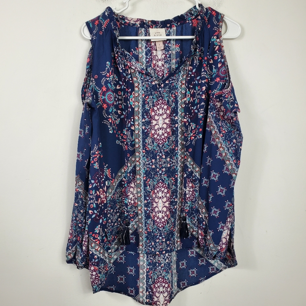 Knox Rose Floral Tunic Womens Size S Cold Shoulder Navy Blue Tassel Casual